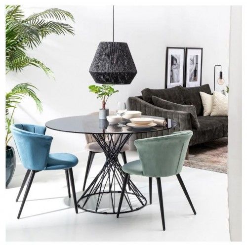 Round designer dining table tempered glass/black metal CRYSTAL