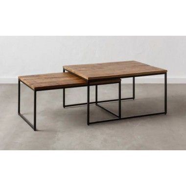 Set of 2 coffee tables in natural wood and black metal INA