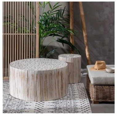 Mesa de centro redonda em madeira branca rodada 90 cm suzuko 2