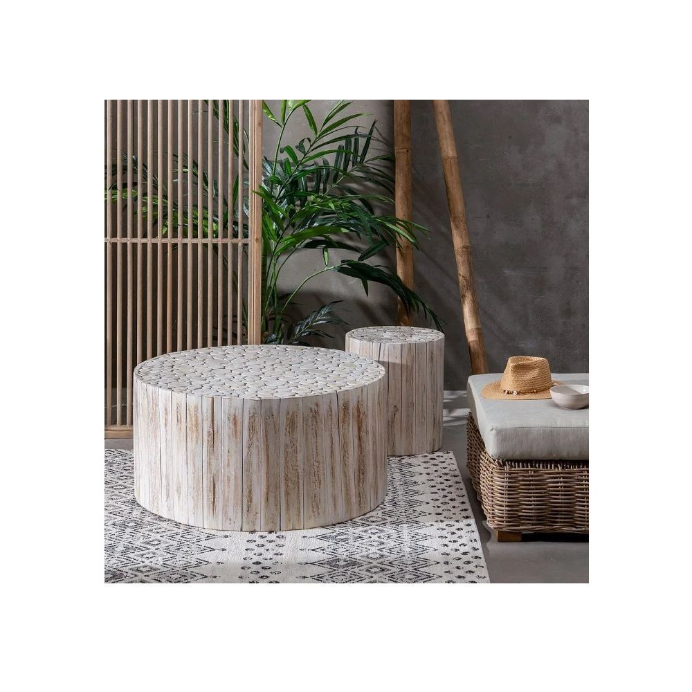 Mesa de centro redonda em madeira branca rodada 90 cm suzuko