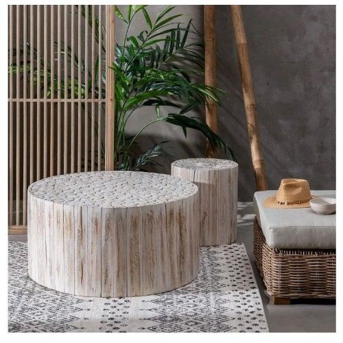 Mesa de centro redonda em madeira branca rodada 90 cm suzuko
