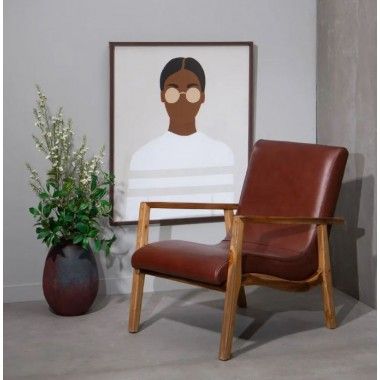 WEAVE rounded wood and natural leather armchair