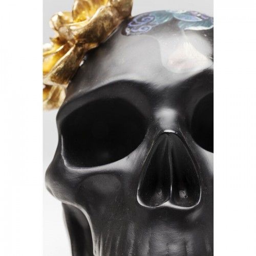 Escultura decorativa TÊTE DE MORT caveira preta com flores douradas KARE Design — vista de cima da cabeça inclinada