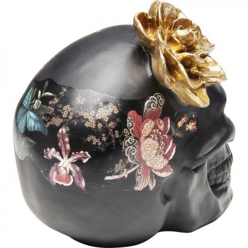 Decorative sculpture TÊTE DE MORT black skull with gold flowers KARE Design — opposite three-quarter view