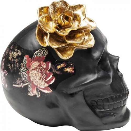 Scultura decorativa TÊTE DE MORT teschio nero con fiori dorati KARE Design — vista a tre quarti