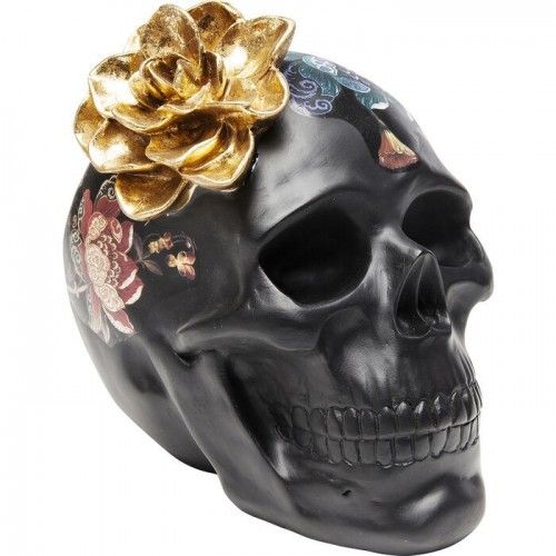 Escultura decorativa TÊTE DE MORT caveira preta com flores douradas KARE Design — produto completo em fundo claro