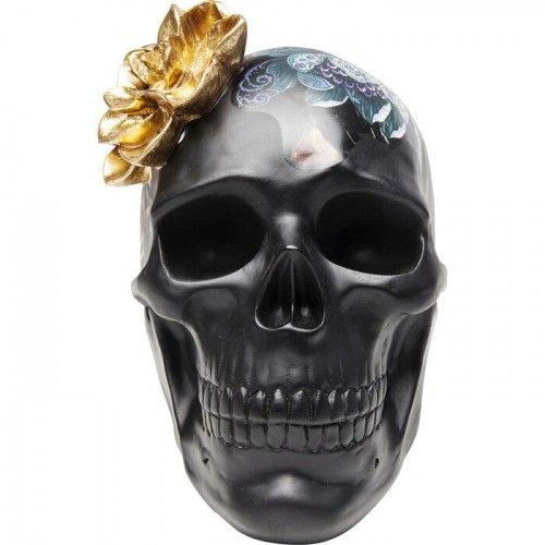 Escultura decorativa TÊTE DE MORT caveira preta com flores douradas KARE Design — plano aproximado do rosto