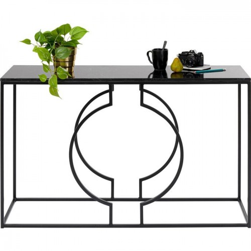 Console MIAMI noir et plateau marbré 120 cm KARE Design — présentation avec accessoires de mise en scène
