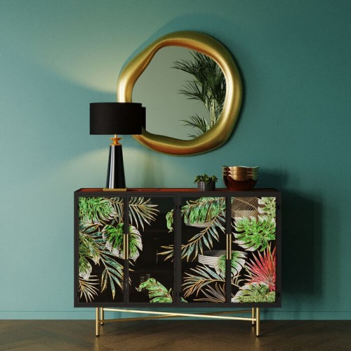 Buffet JUNGLE noir feuillage tropical 135 cm KARE Design — en ambiance avec mobilier non inclus