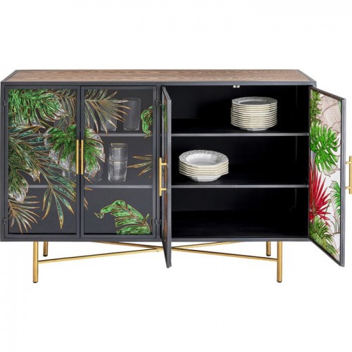 Aparador JUNGLE negro follaje tropical 135 cm KARE Design — interior abierto de almacenaje