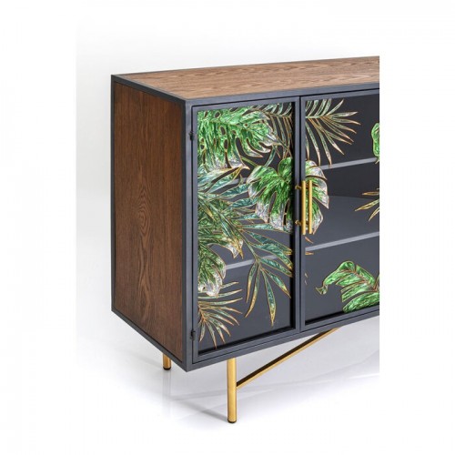 Sideboard JUNGLE black tropical foliage 135 cm KARE Design — three-quarter view