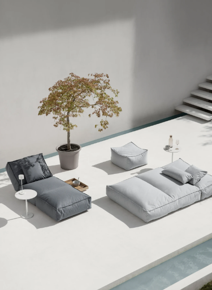 Side table STAY white Blomus — styled on a terrace