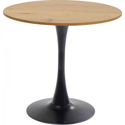 Mesa de comedor SCHICKERIA efecto roble, base negra KARE Design — vista frontal y silueta completa