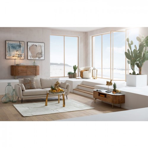 Tv-meubel GRACE geribbeld mangohout en wit marmer KARE Design — opgesteld in een interieur