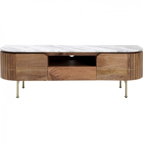 Tv-meubel GRACE geribbeld mangohout en wit marmer KARE Design — volledig product tegen lichte achtergrond