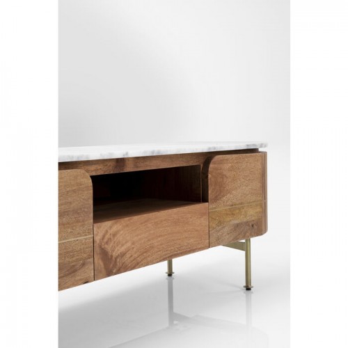 TV-Möbel GRACE geripptes Mangoholz und weißer Marmor KARE Design — Schublade und Holzplatte
