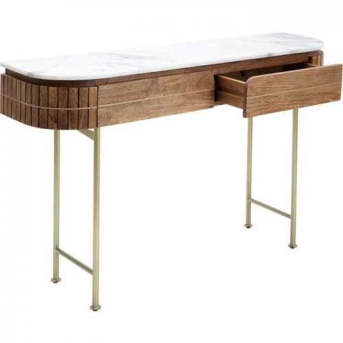 Console table GRACE ribbed mango wood and white marble KARE Design — open storage and drawers