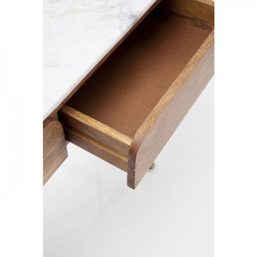 Sidetable GRACE geribbeld mangohout en wit marmer KARE Design — lade en houten blad