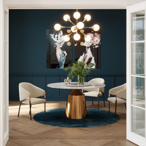 Eettafel LUCIA wit geaderd steengoed en messing KARE Design — opgesteld in een interieur