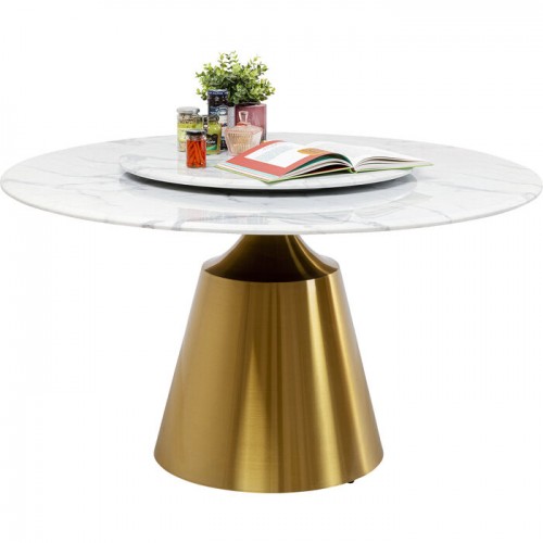 Dining table LUCIA white marble-look stoneware and brass KARE Design — full product against pale background