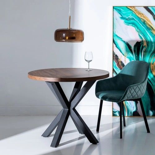 Round dining table in brown wood and black metal 90cm MESA IXIA - 1