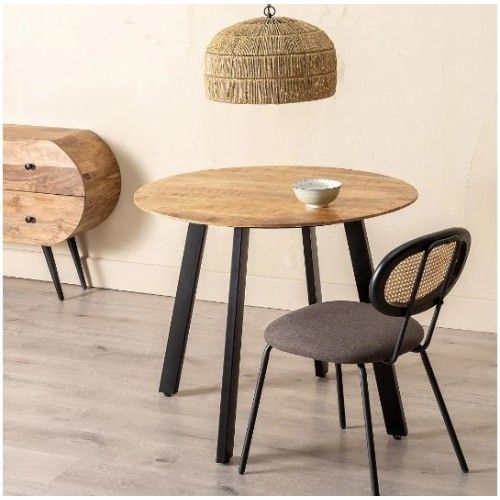 Round dining table in wood and black iron 90cm MESA IXIA - 1