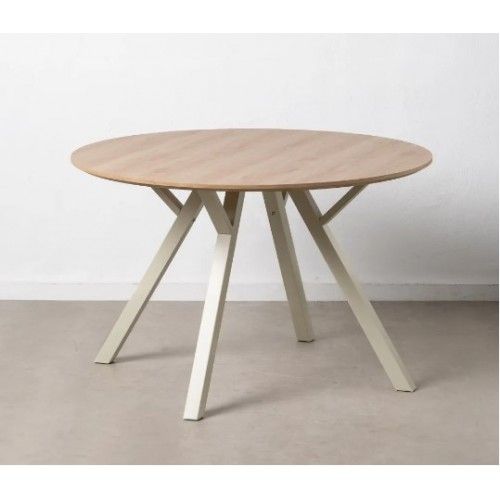 Round dining table in natural wood and cream metal 120cm MESA IXIA - 1