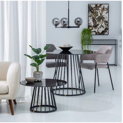 Round dining table effect black marble and steel 100cm MARMOLADO IXIA - 1