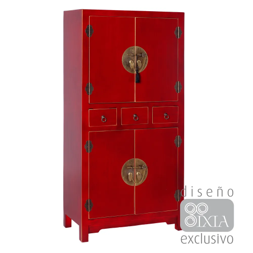 Commode bois rouge 3 tiroirs 4 portes poigné métal ORIENTE IXIA - 1