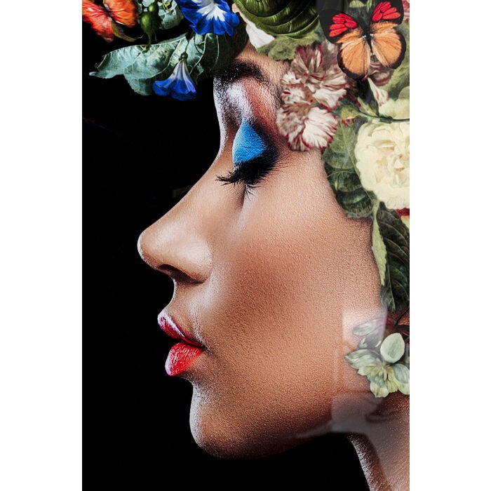 Tableau en verre BUNCH OF FLOWERS portrait fleuri sur fond noir KARE Design — gros plan sur le visage