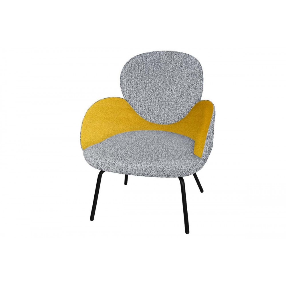 Cadeirão de sala CONFORT amarelo e cinzento com pés finos SOCADIS — vista frontal e silhueta completa