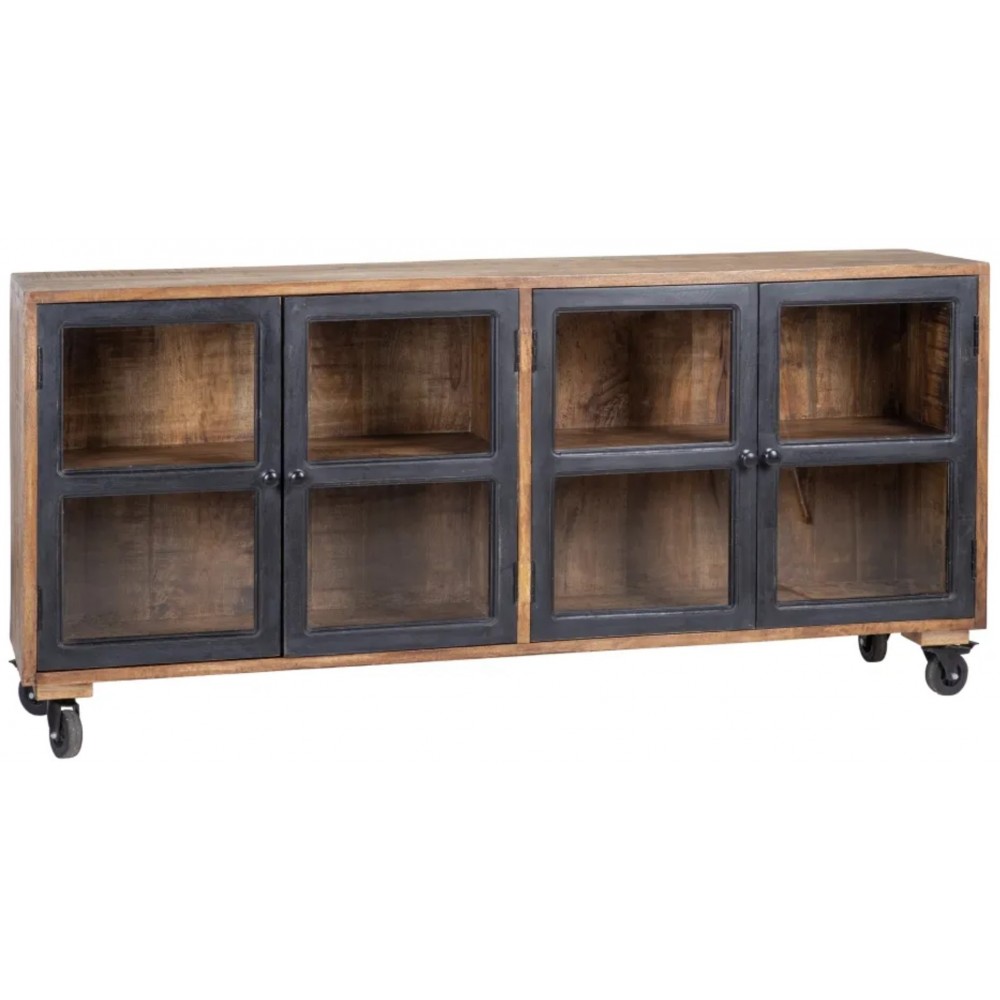 Dressoir IXIA massief mangohout met glazen deuren — vooraanzicht en volledig silhouet
