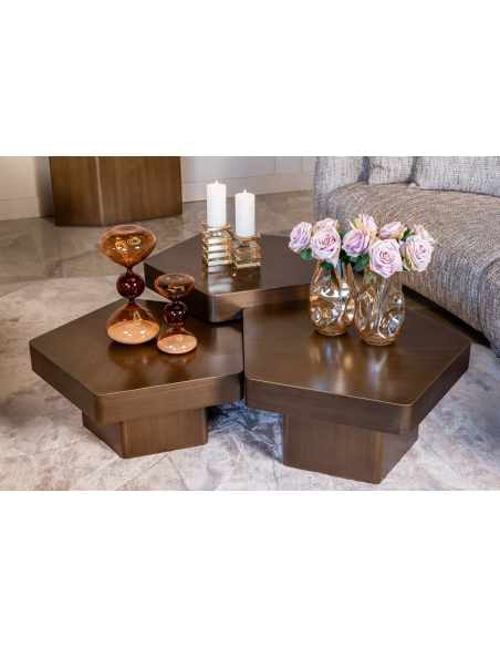 Conjunto de 3 Mesas de Centro dourado escovado HEXA | Loft Attitude