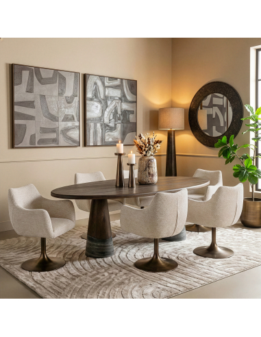 Oval dining table in brown oak and marble foot Harper