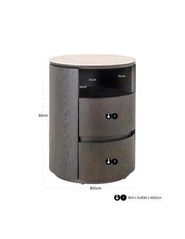 Brown round bedside table 2 drawers Nando - Richmond Interiors