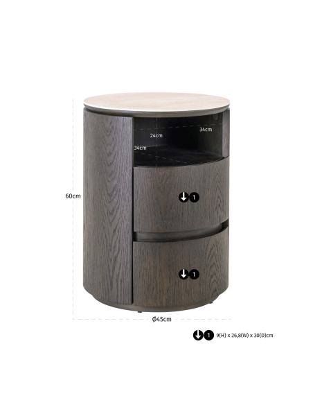 Brown round bedside table 2 drawers Nando - Richmond Interiors
