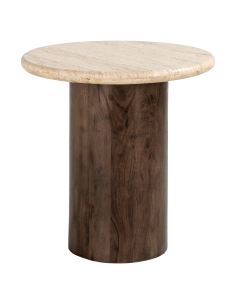 Mesa de apoio redonda em madeira de mangueira e travertino design DOUGLAS