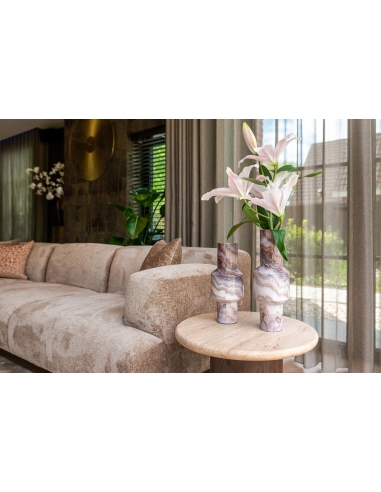 Round side table in mango wood and travertine design DOUGLAS