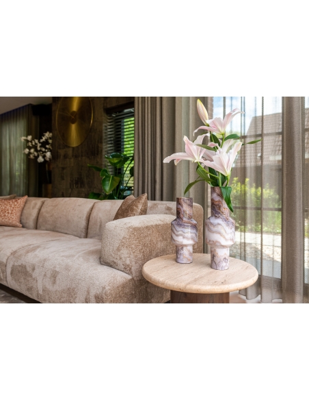 Mesa auxiliar redonda de madera de mango y travertino diseño DOUGLAS