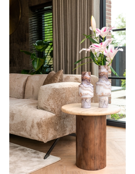 Round side table in mango wood and travertine design DOUGLAS
