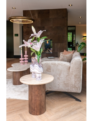 Table d'appoint ronde bois manguier et travertin design DOUGLAS