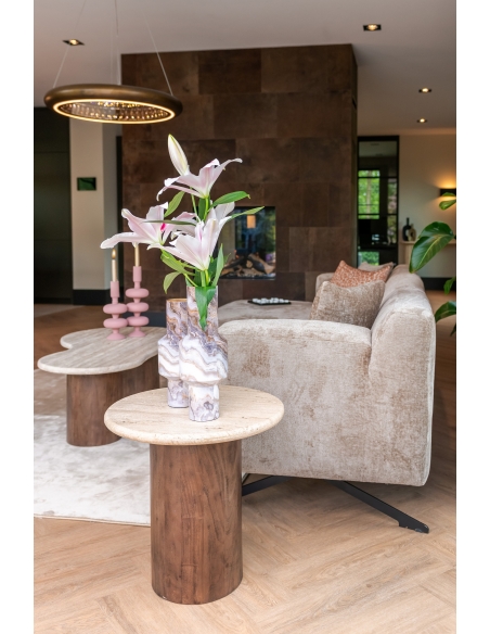 Tavolino rotondo in legno di mango e travertino design DOUGLAS