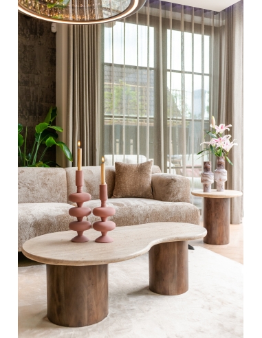Mesa auxiliar redonda de madera de mango y travertino diseño DOUGLAS