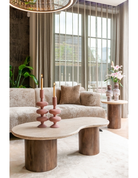 Tavolino rotondo in legno di mango e travertino design DOUGLAS