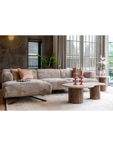 Round side table in mango wood and travertine design DOUGLAS