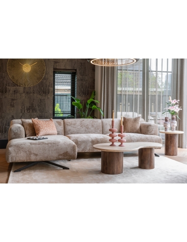 Table d'appoint ronde bois manguier et travertin design DOUGLAS