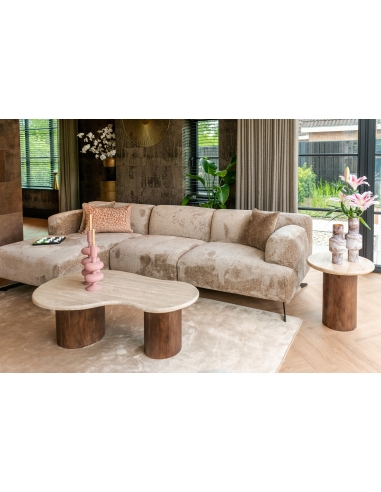 Mesa auxiliar redonda de madera de mango y travertino diseño DOUGLAS