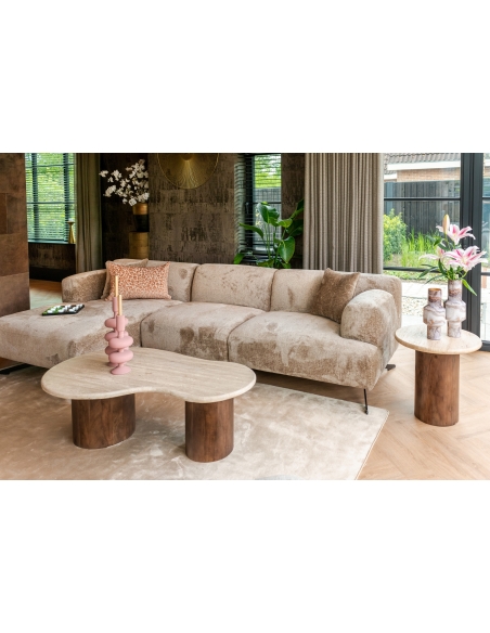 Round side table in mango wood and travertine design DOUGLAS