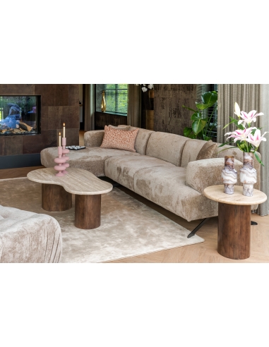 Table d'appoint ronde bois manguier et travertin design DOUGLAS