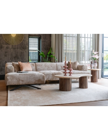 Round side table in mango wood and travertine design DOUGLAS